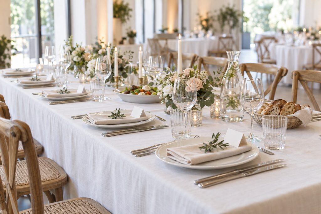 Hochzeitstafel mit Gedecken, niedriger Dekoration und freien Servierflächen